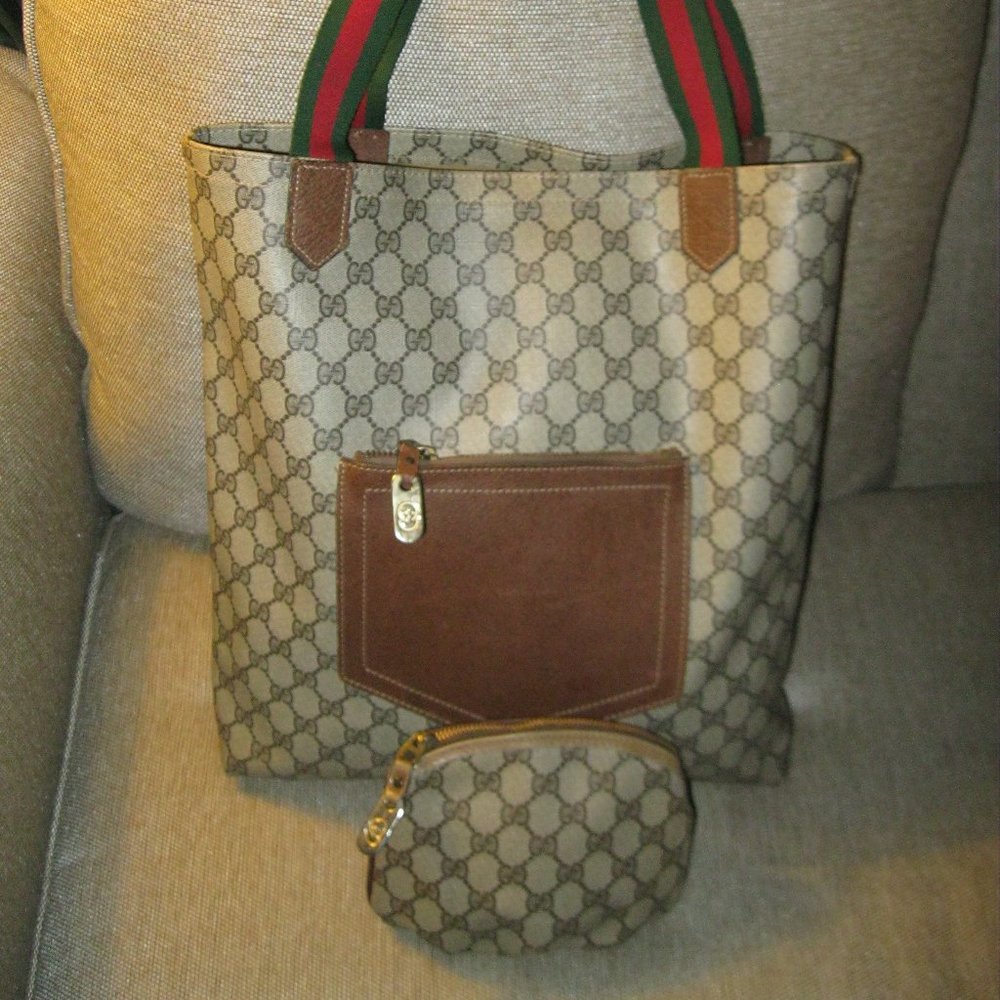 ❤️2 Authen Vintage GUCCI SHOPPER TOTE PURSE & WALLET  Tan with Red Green Stripe